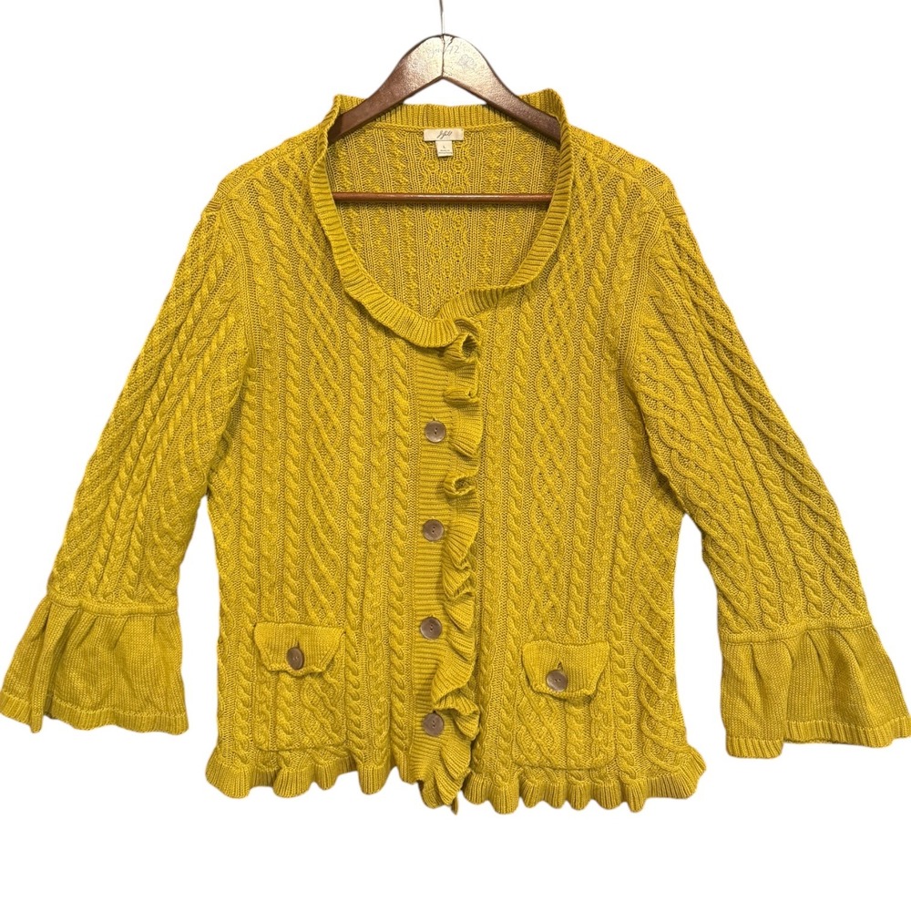 JJill Womens Cable Knit Ruffle Cardigan Sweater Cotton Mustard Sz L‎ Lagenlook